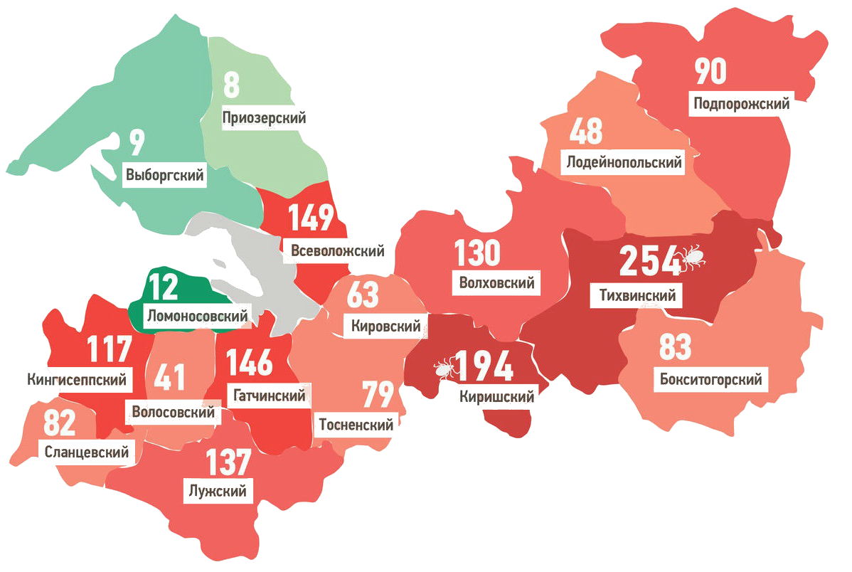 Зафиксированные случаи уксов клещей в Ленинградской области